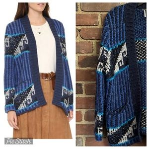 Free People Time And Again Geometric Knit Open Front Sweater Blue -medium